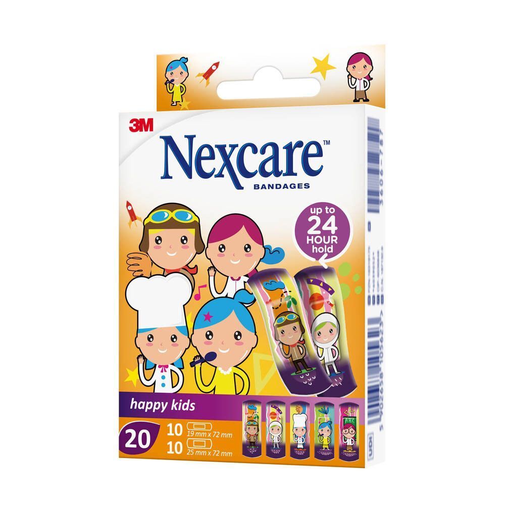 Boîte de pansements Nexcare Happy Kids avec motifs enfantins et tenue 24h.