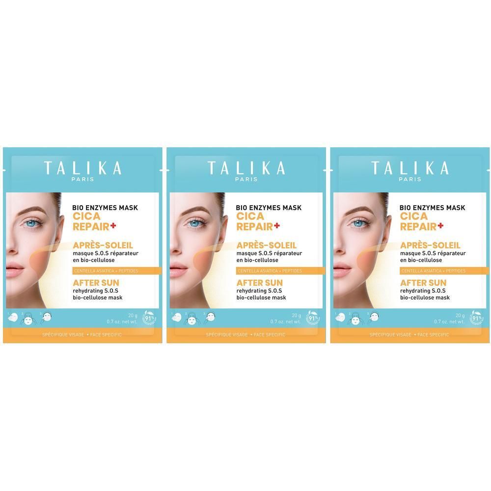 Trois masques Talika Bio Enzymes Cica Repair+ Après-Soleil en bio-cellulose.