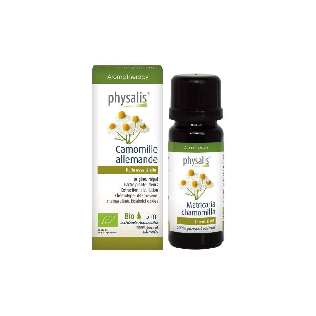 Huile essentielle de camomille allemande Bio Physalis, flacon et boîte 5ml.