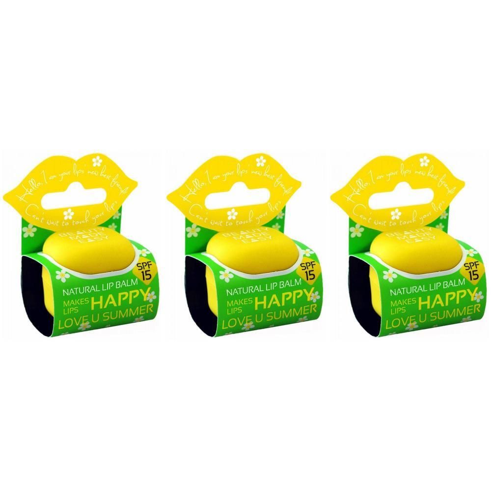 Trois baumes à lèvres jaunes en emballage individuel, avec SPF 15.