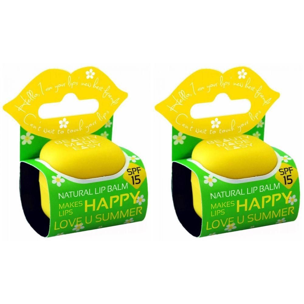 Deux baumes à lèvres naturels SPF 15 dans un emballage jaune avec un motif de lèvres.
