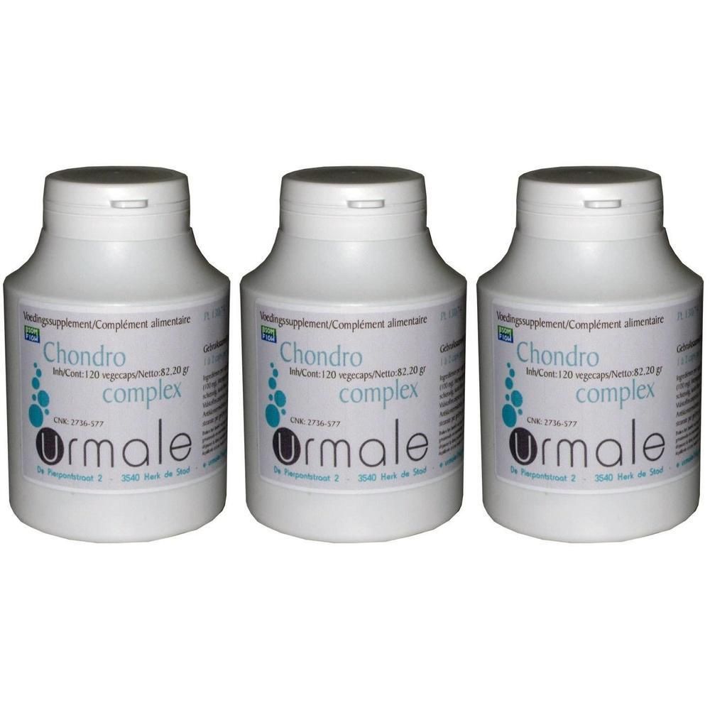 Trois contenants blancs avec étiquettes Urmale Chondro Complex. Chaque flacon contient 120 Vegicaps.