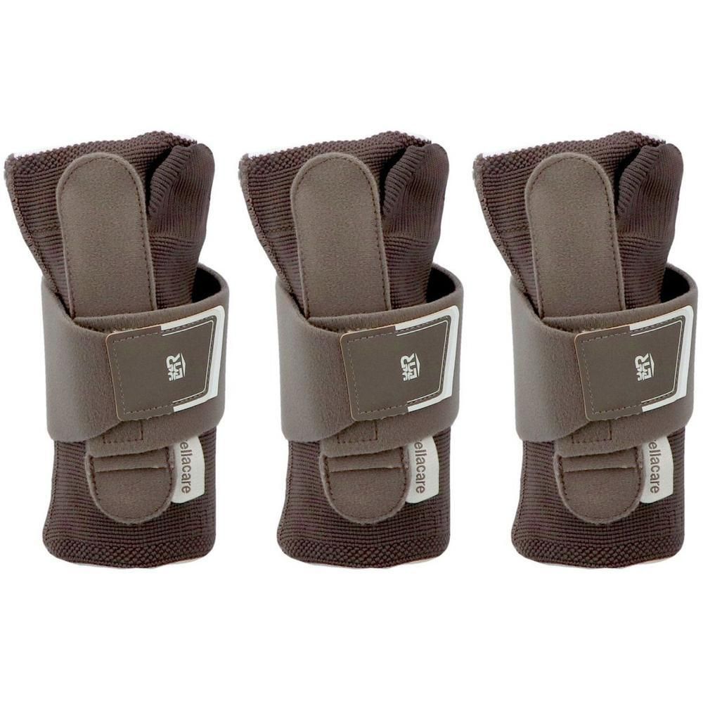 Drie bruine polsbandages met klittenbandsluiting.