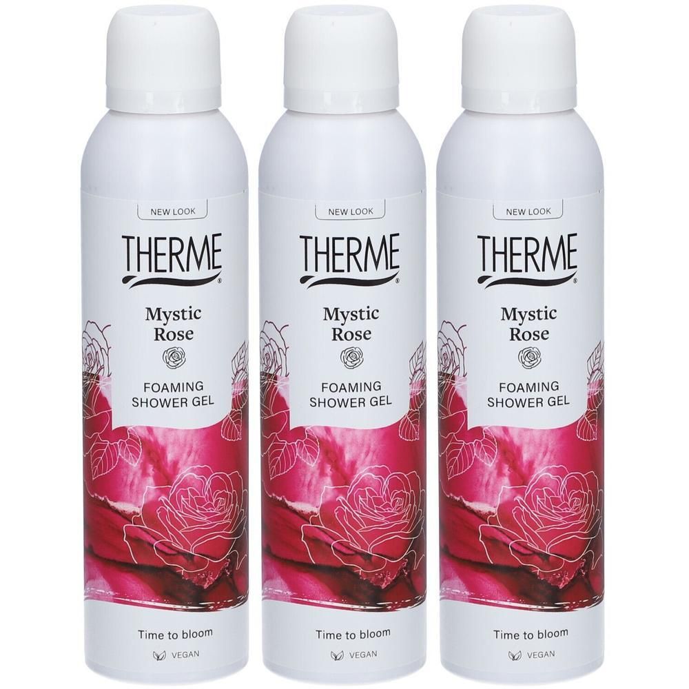 Drie flessen THERME Mystic Rose schuimdouche met rozenprint. "New Look" en "Vegan" zichtbaar.