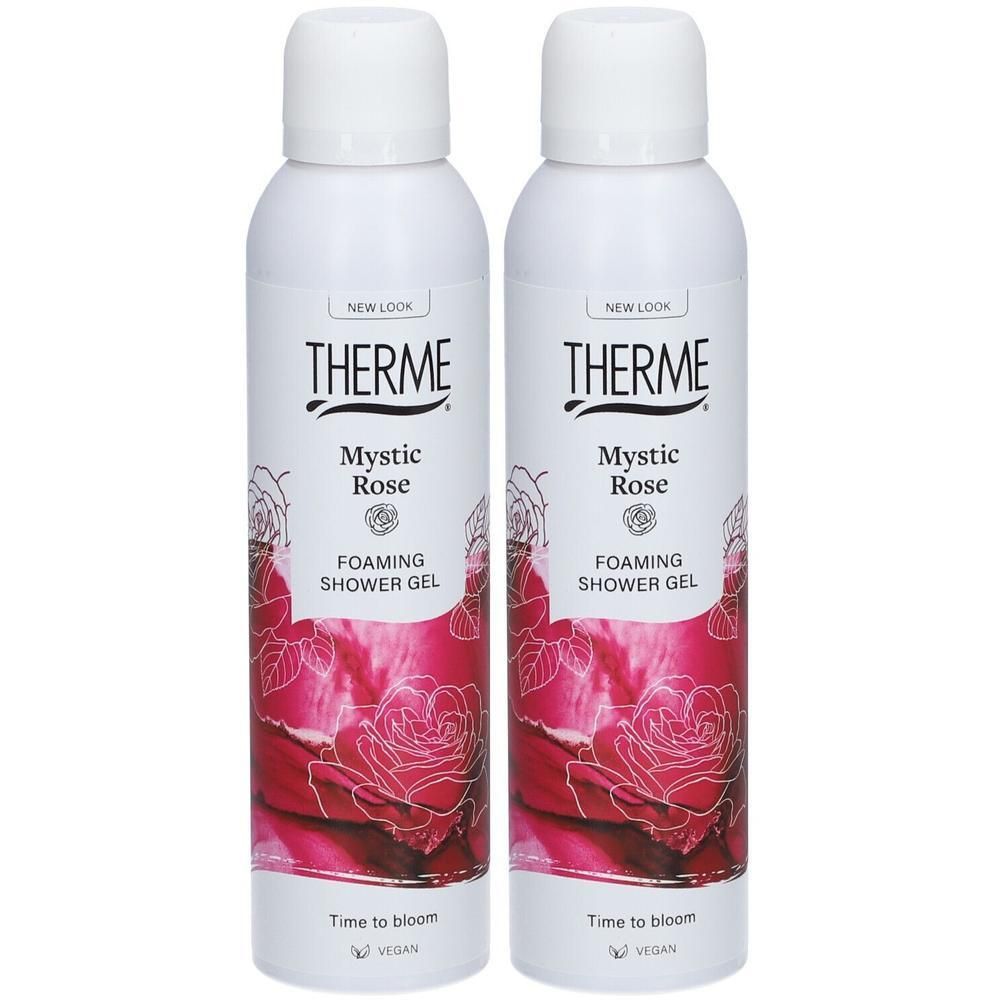 Deux flacons de gel douche moussant THERME Mystic Rose avec motif de roses.