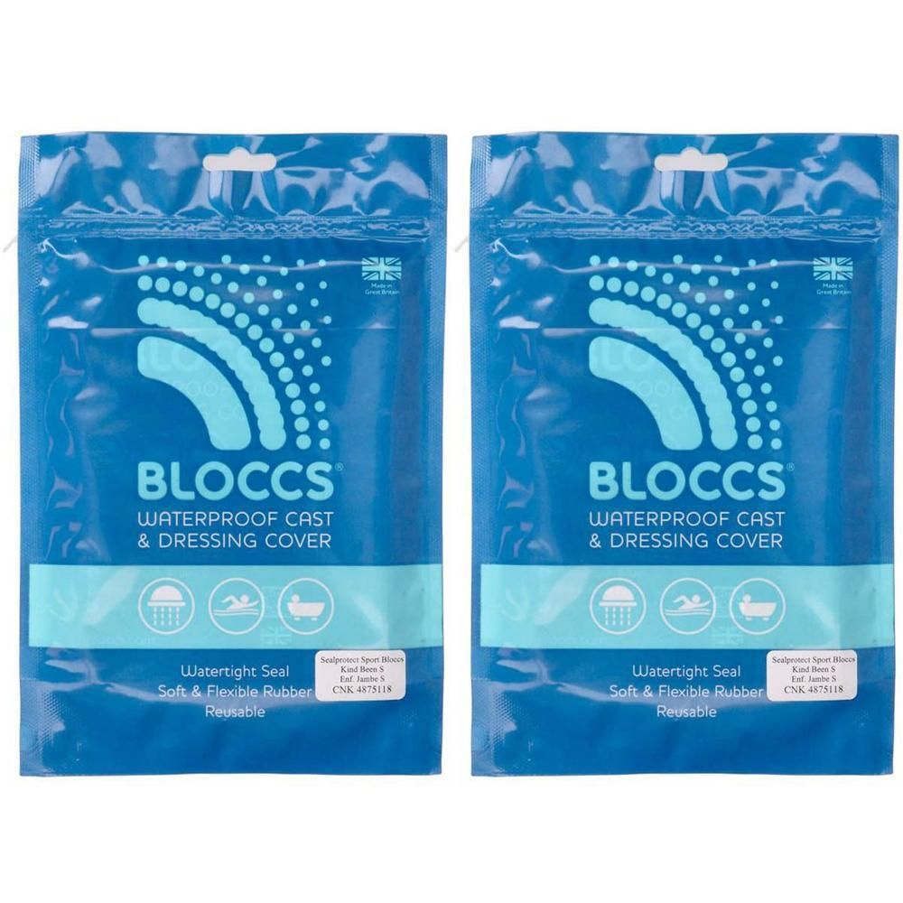 Deux housses imperméables Bloccs pour plâtre et pansement, emballage bleu.