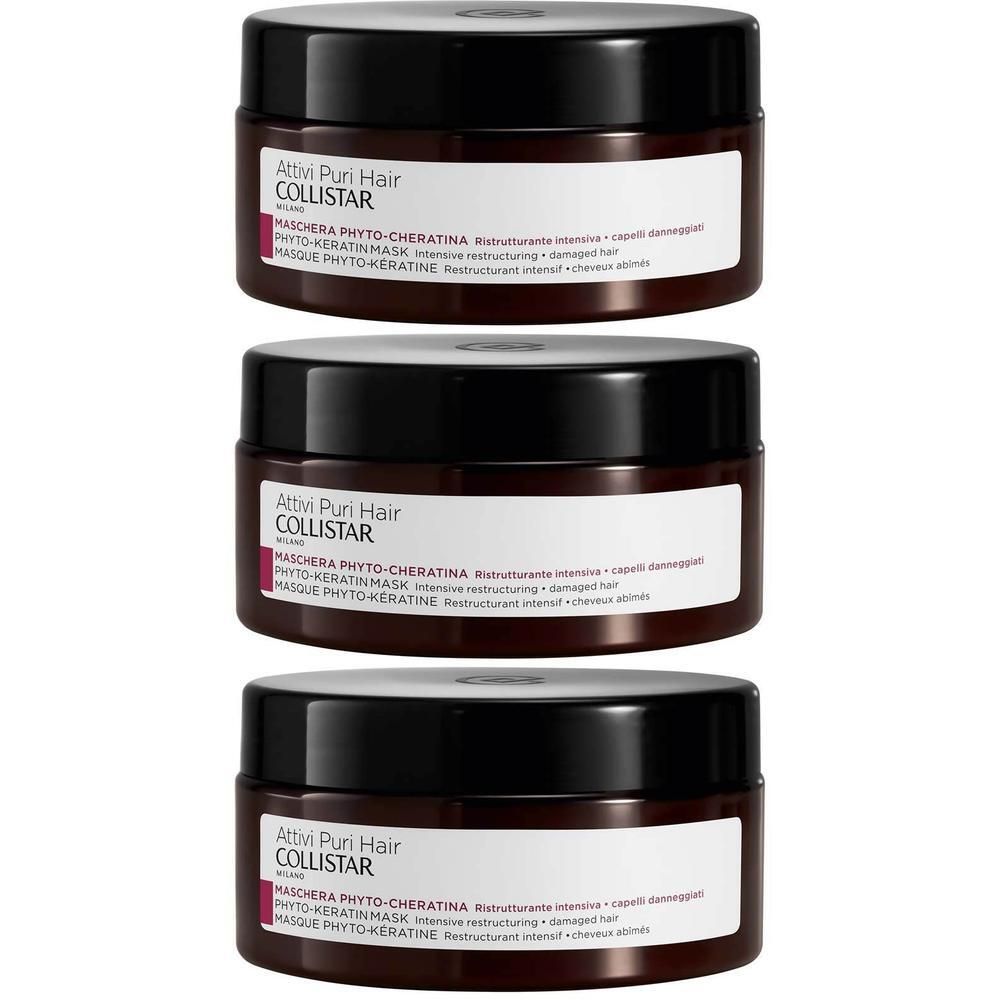 Drie potten Collistar Masque Phyto-Kératine haarmasker met zwarte deksels en witte etiketten.