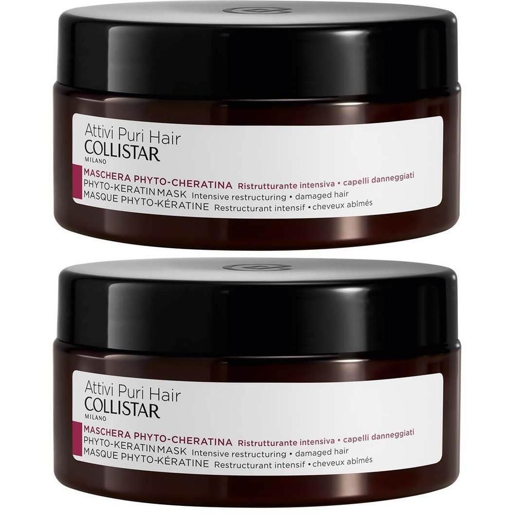 Deux pots de Masque Phyto-Kératine Collistar, soins capillaires, dans des pots bruns avec couvercles noirs.