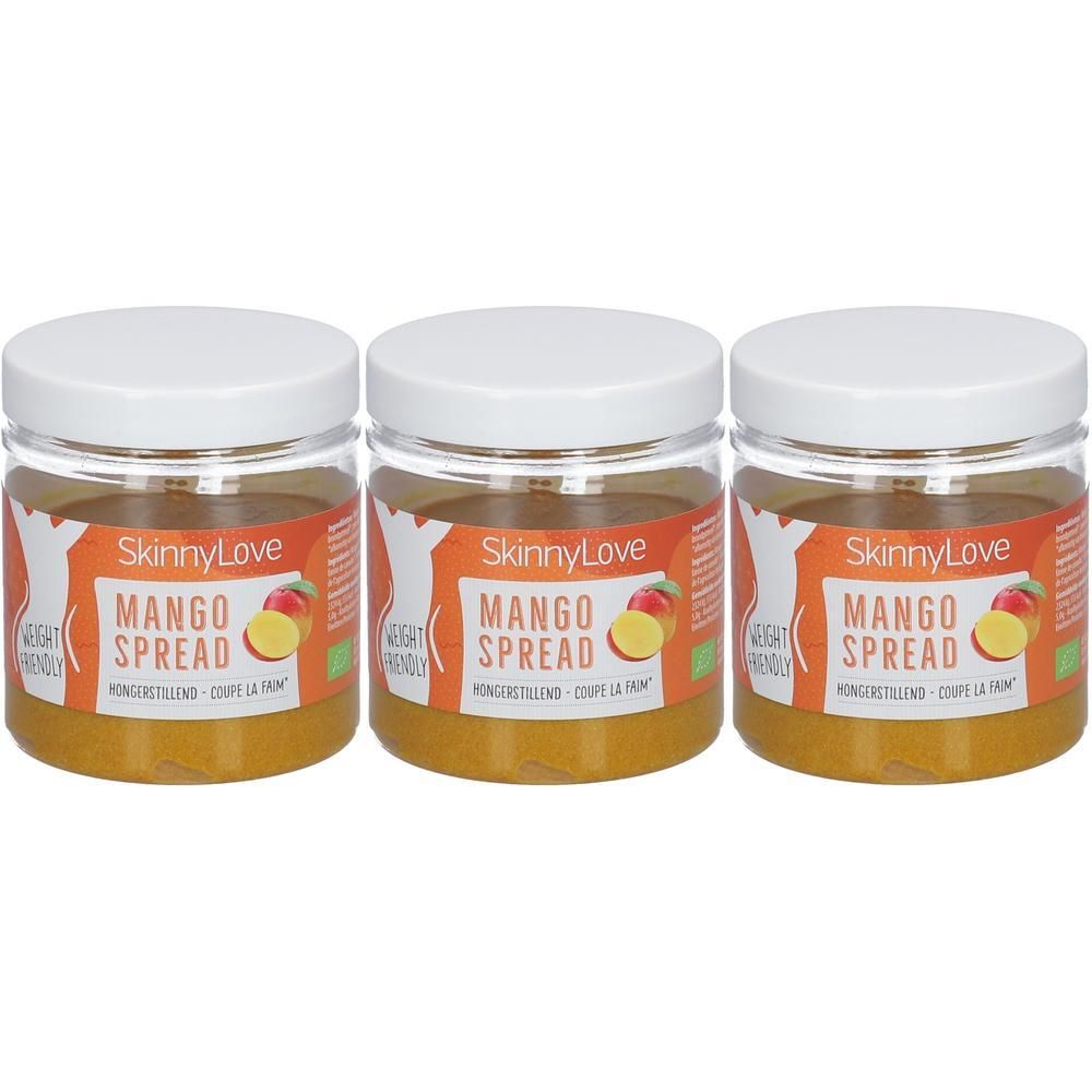 Drie potten SkinnyLove Mango Spread met witte deksel en oranje etiket.