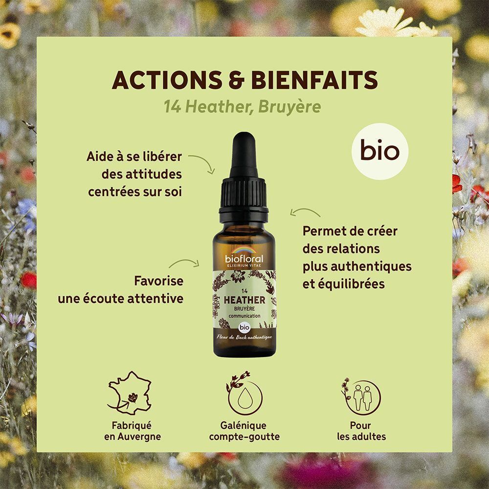 BIOFLORAL 14 Bruyère : flacon avec pipette, entouré de fleurs et de texte.