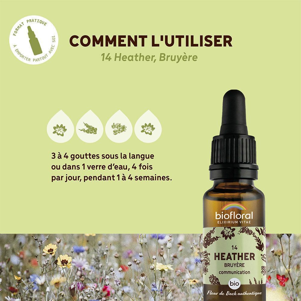 BIOFLORAL 14 Bruyère : flacon avec pipette et instructions d'utilisation.
