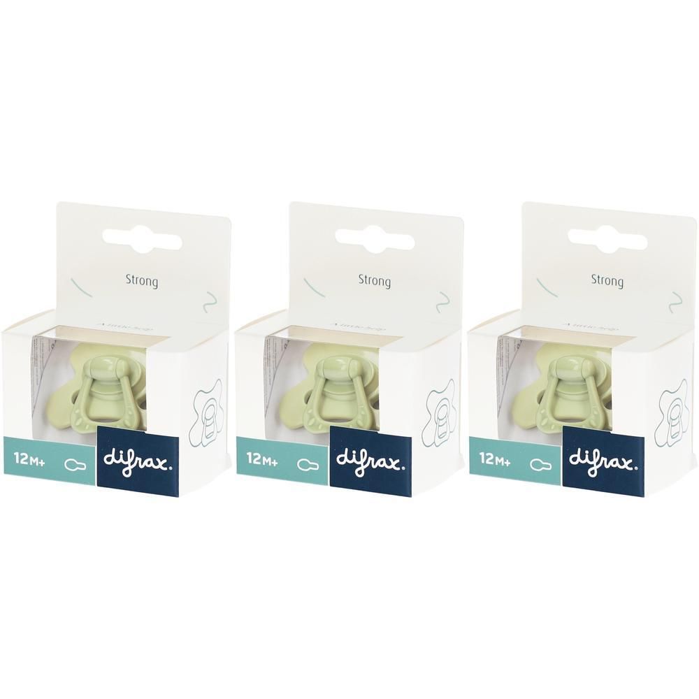 Trois sucettes Difrax 12M+ vert pâle, chacune dans son emballage ouvert.