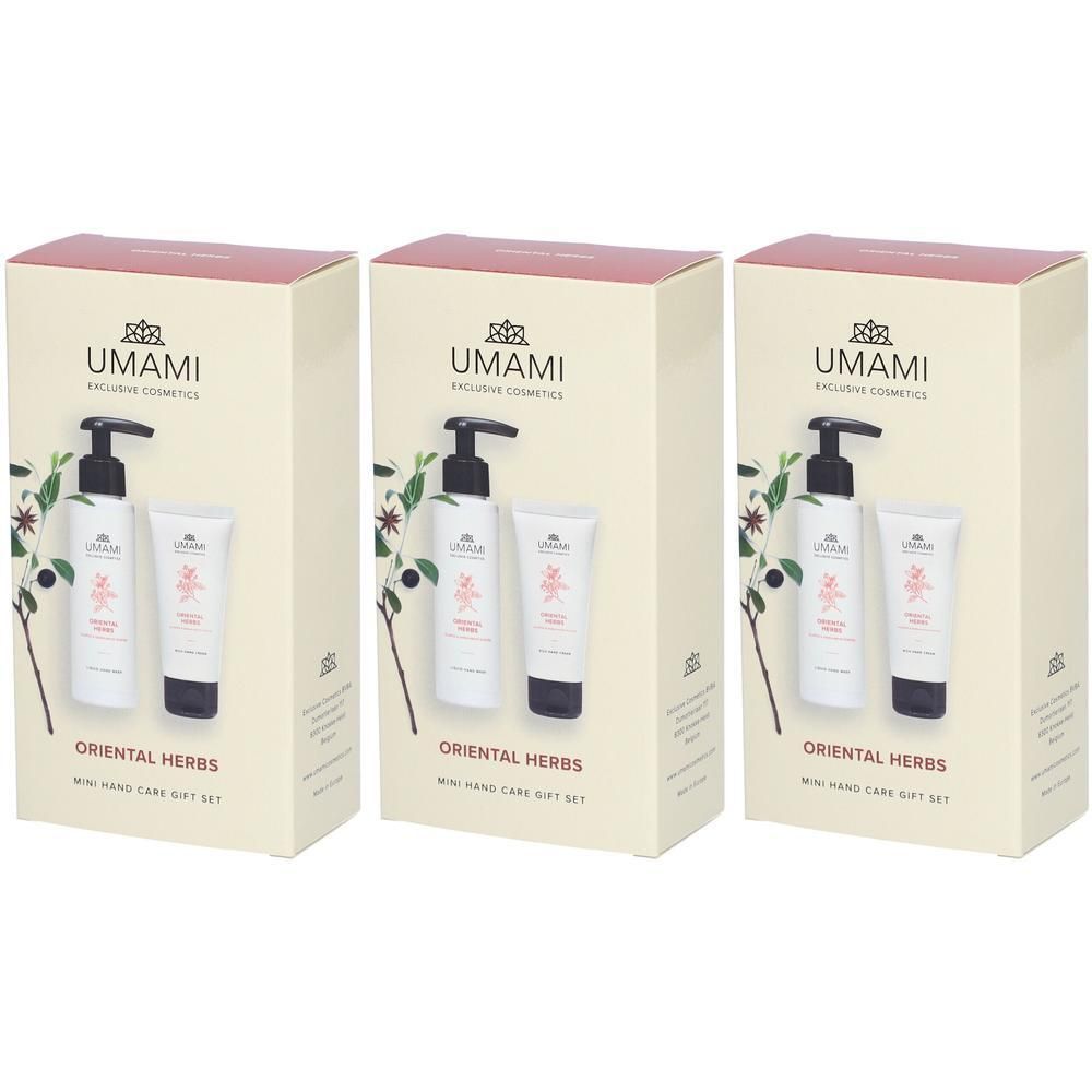 Coffret Cadeau Mini Soin des Mains UMAMI Oriental Herbs avec flacon pompe et tube.