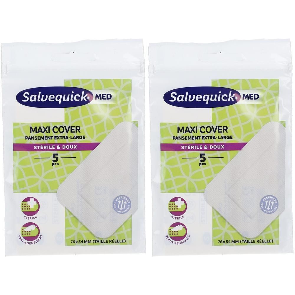 Deux paquets de pansements Salvequick Maxi Cover, 5 pièces chacun. Stériles, 76x54mm.