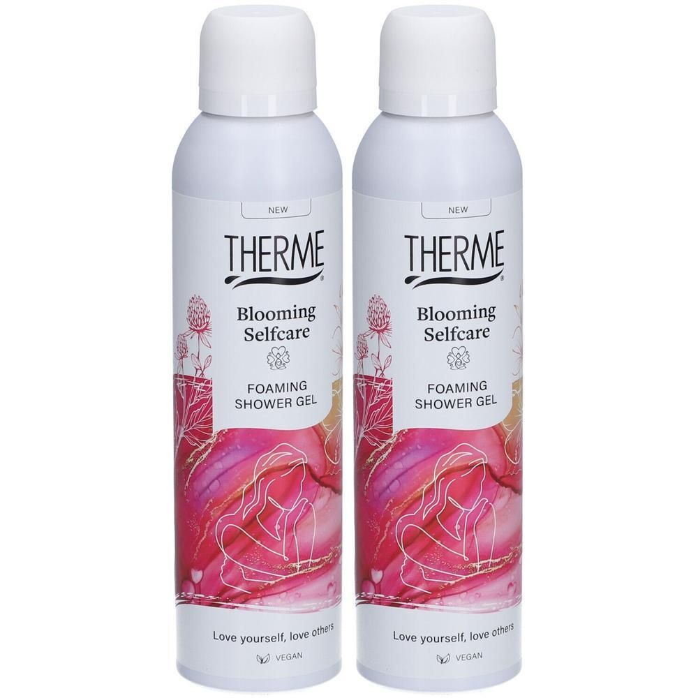 Twee bussen Therme Blooming Selfcare Schuimende Douchegel met bloemenprint en tekst.