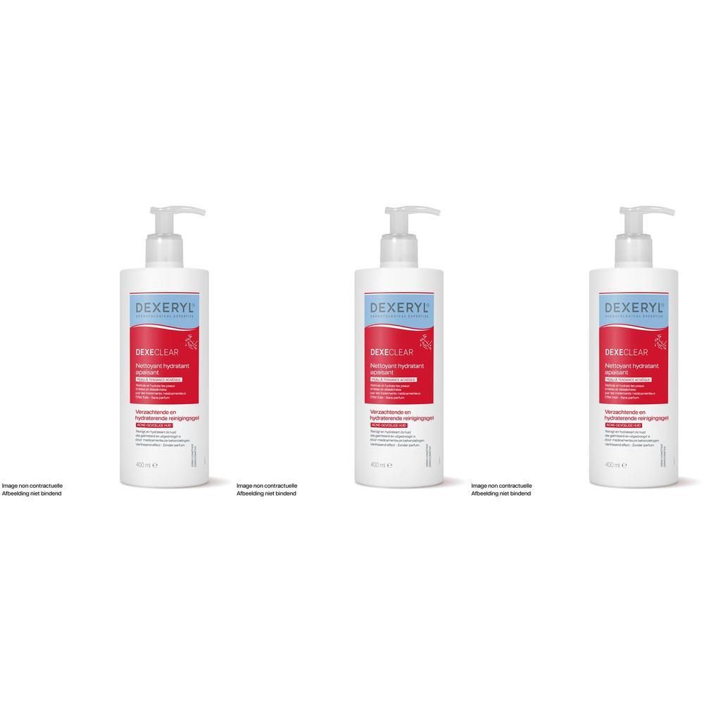 Trois flacons pompe blancs avec étiquette rouge, DEXERYL DEXECLEAR.
