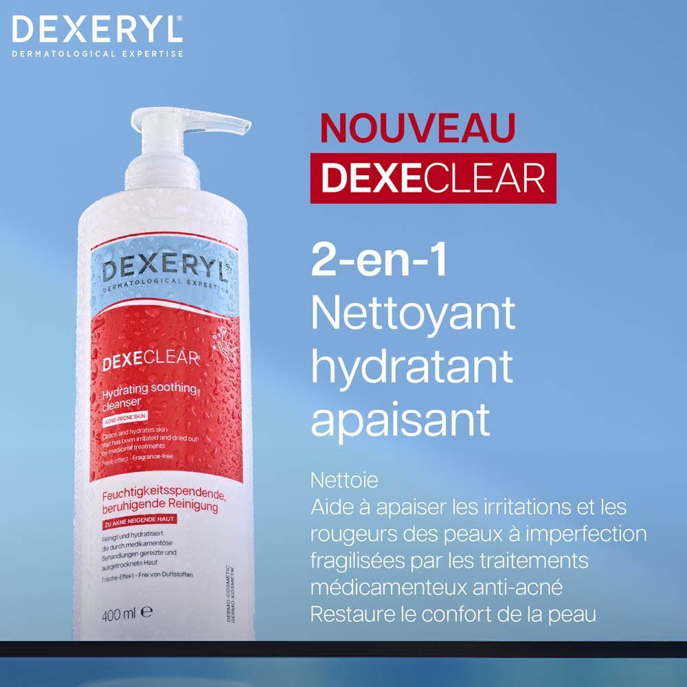 DEXERYL DEXECLEAR: Nettoyant 2-en-1 hydratant apaisant. Pour peaux à tendance acnéique.