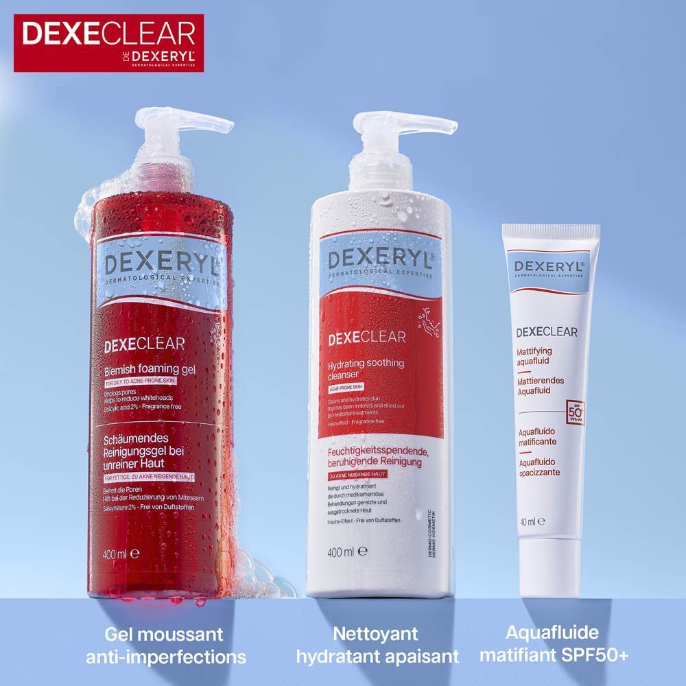 Trois produits DEXERYL DEXECLEAR: Gel moussant, nettoyant, aquafuid matifiant SPF50+.