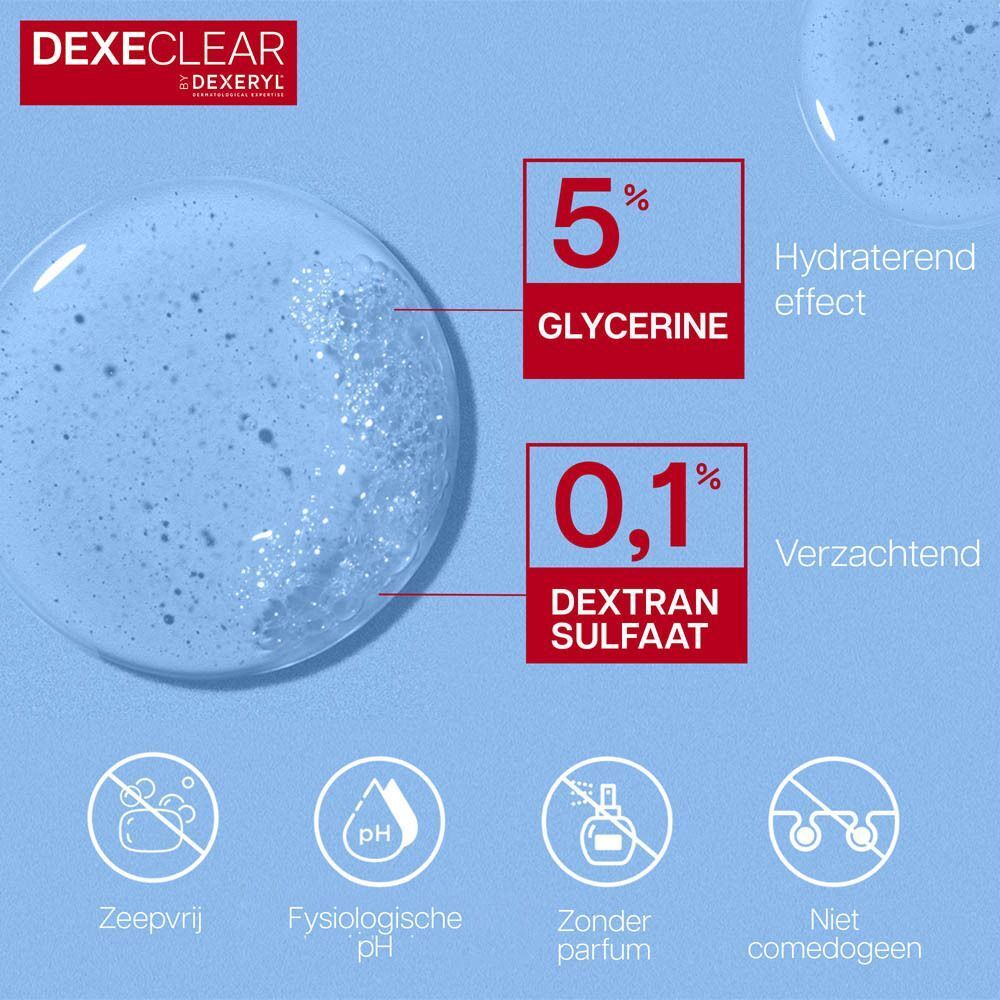 DEXERYL DEXECLEAR: 5% Glycerine hydrateert, 0,1% Dextran Sulfaat verzacht. Zeepvrij.