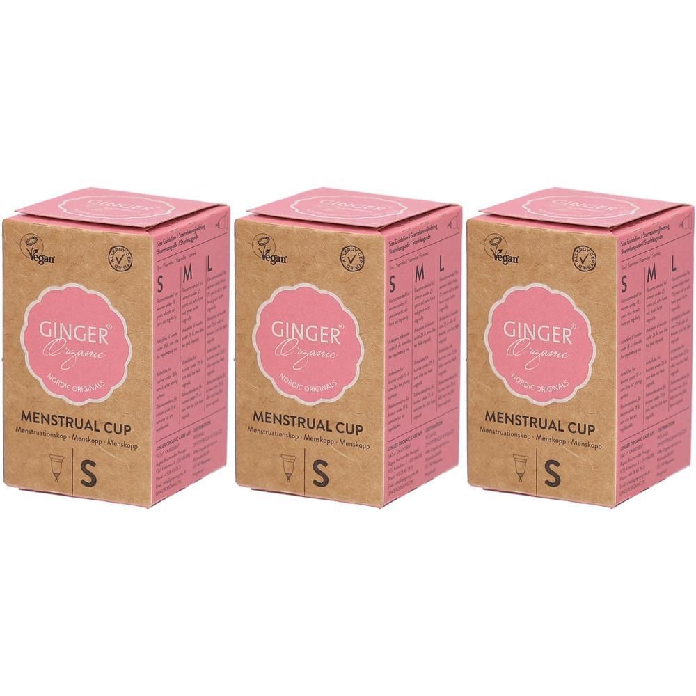 Trois boîtes de coupe menstruelle Ginger Organic, taille S, certifiées vegan.
