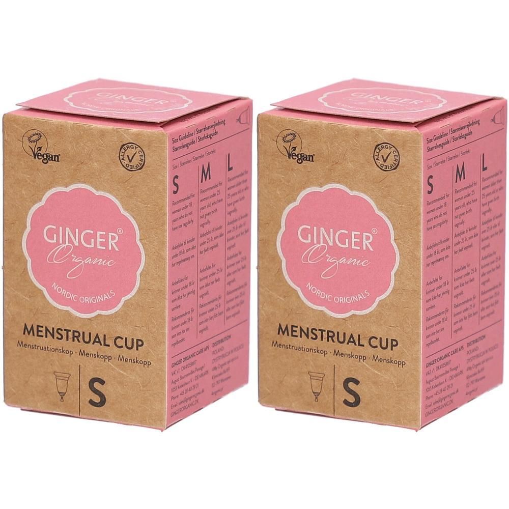Deux boîtes de coupe menstruelle Ginger Organic, taille S. Produit végan.