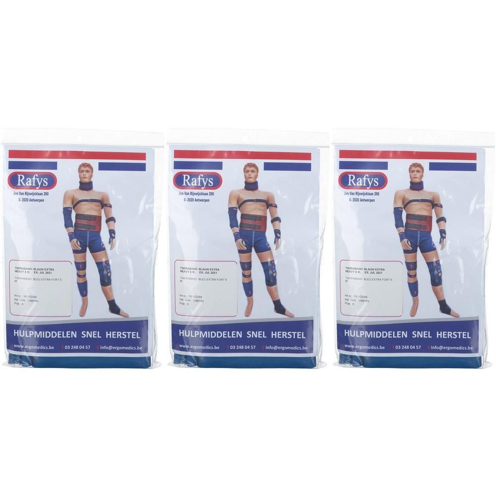 Trois paquets de Rafys Theraband pour une guérison rapide, montrant un homme portant des bandages aux bras et aux jambes.