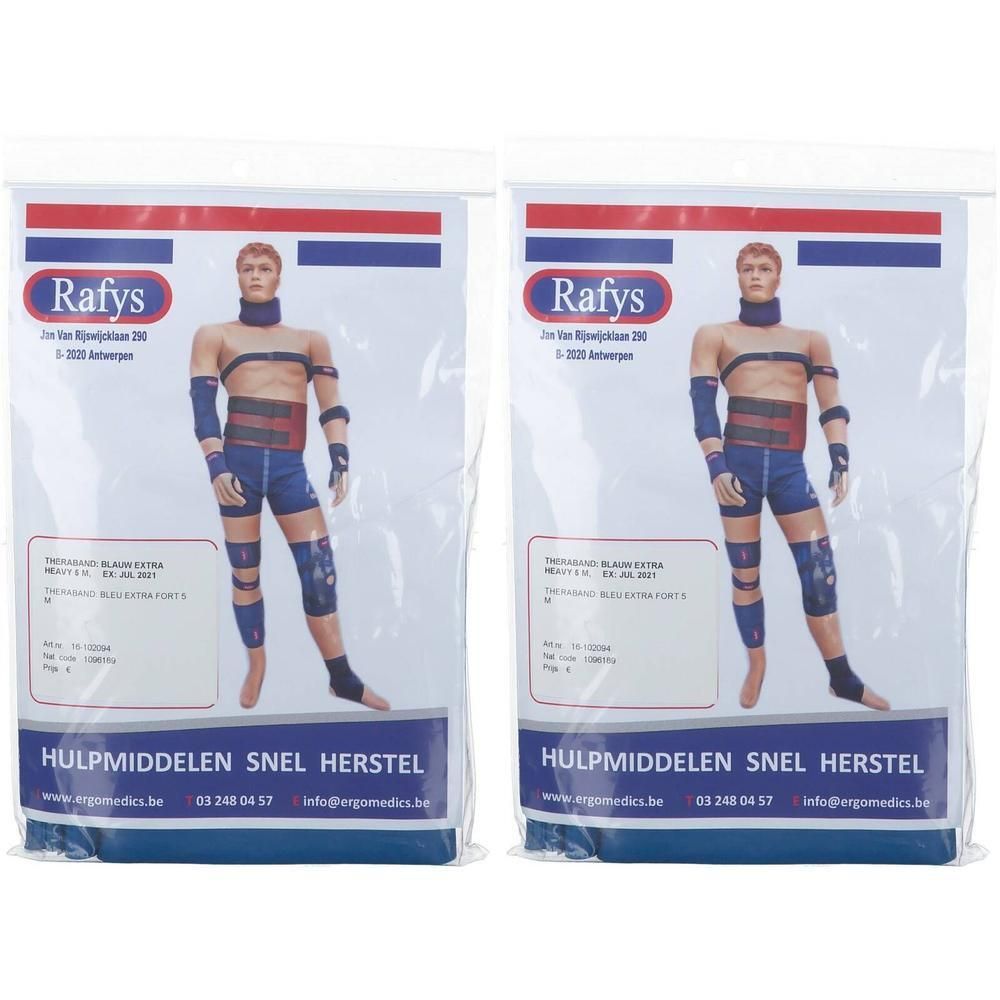 Deux paquets de bandages bleus pour bras, genoux et chevilles, présentés sur un mannequin.
