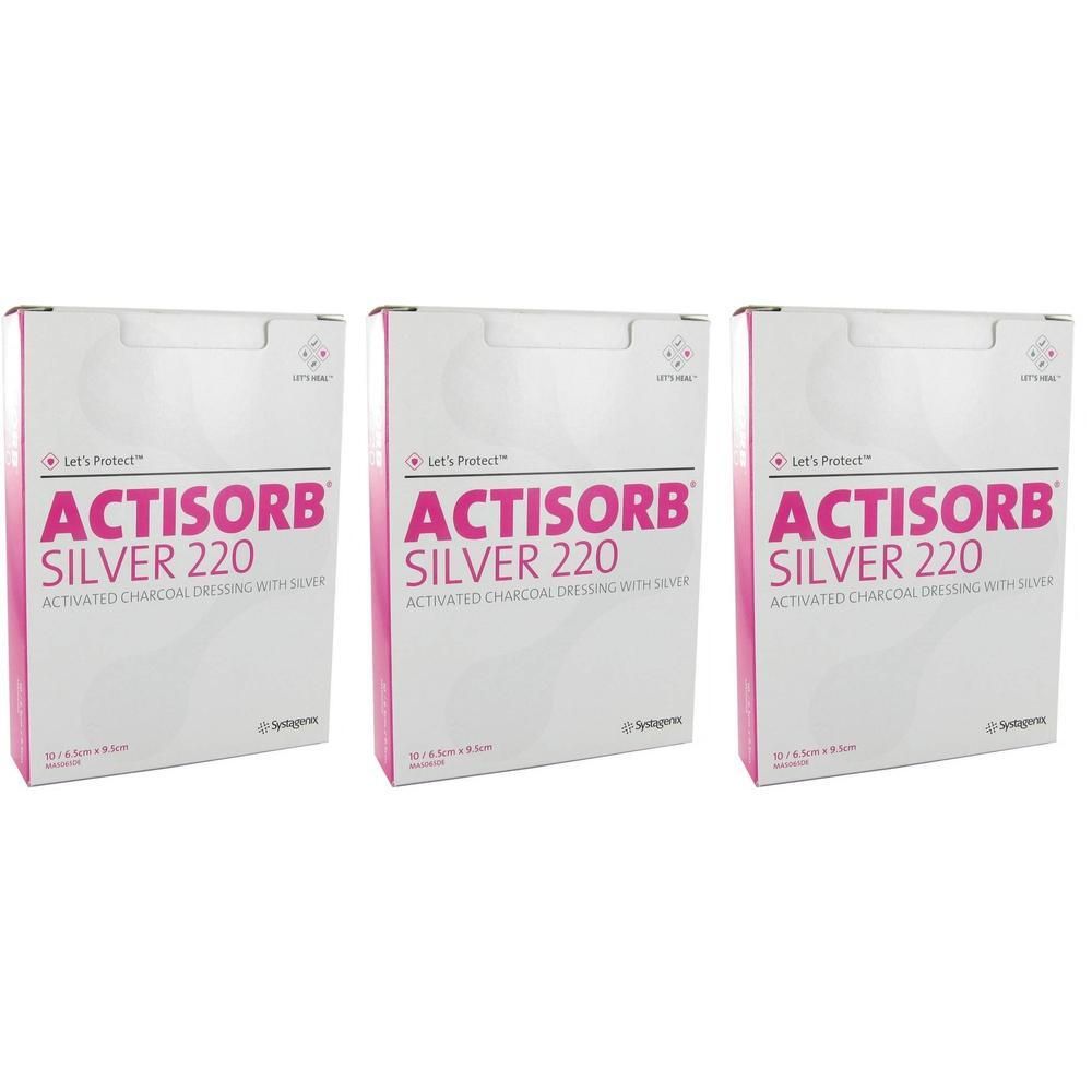 Trois boîtes d'Actisorb Silver 220, pansement au charbon actif avec argent.