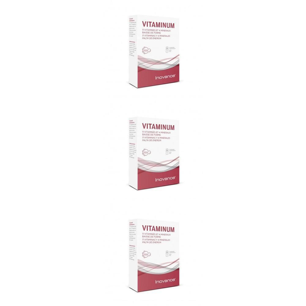Trois boîtes de Inovance Vitaminum, design rouge et blanc.