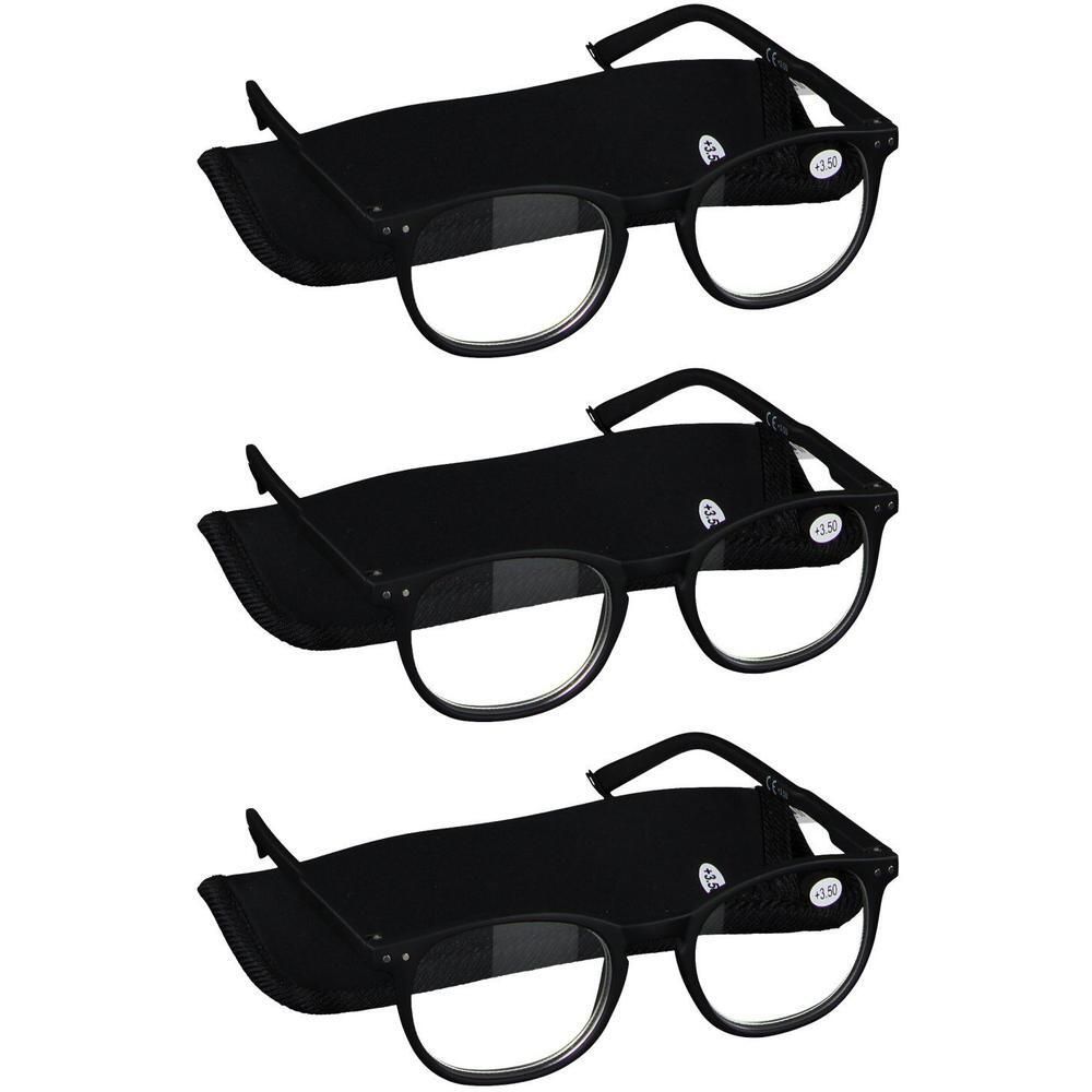 Trois paires de lunettes de lecture noires avec étuis. Chaque paire a une puissance de +3.50.