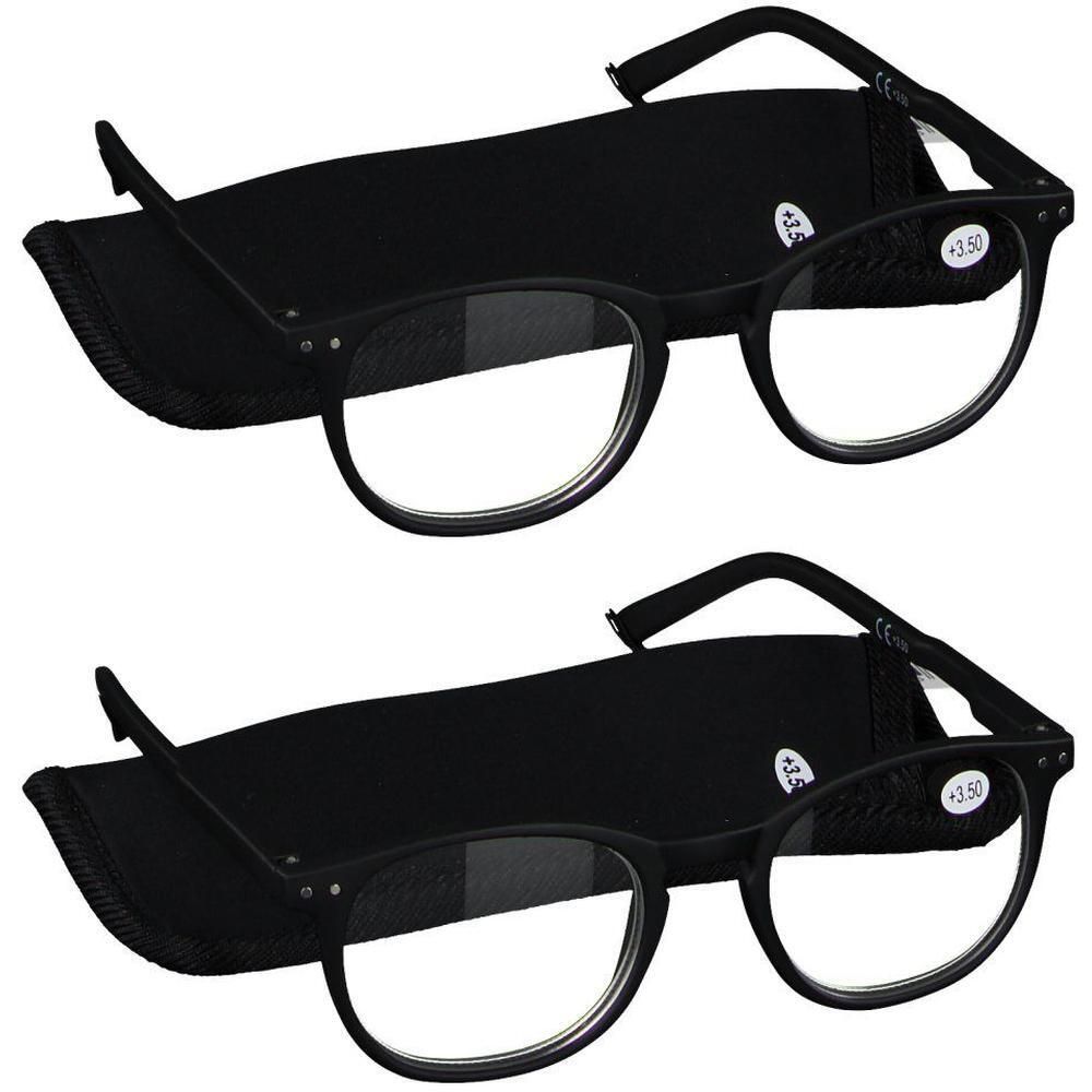 Deux paires de lunettes de lecture noires avec étuis, chacune avec +3.50 dioptries.
