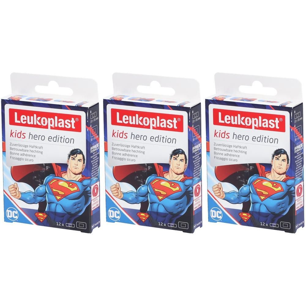 Drie pakken Leukoplast kinderpleisters met Superman-afbeelding.