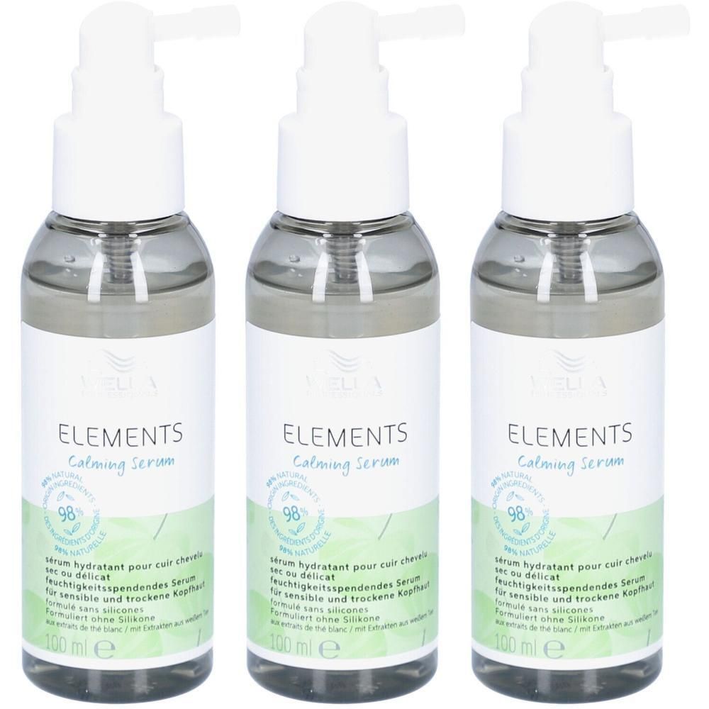Trois flacons de WELLA PROFESSIONALS Elements Calming Serum avec pompes. Liquide clair dans des flacons transparents avec étiquettes blanches.