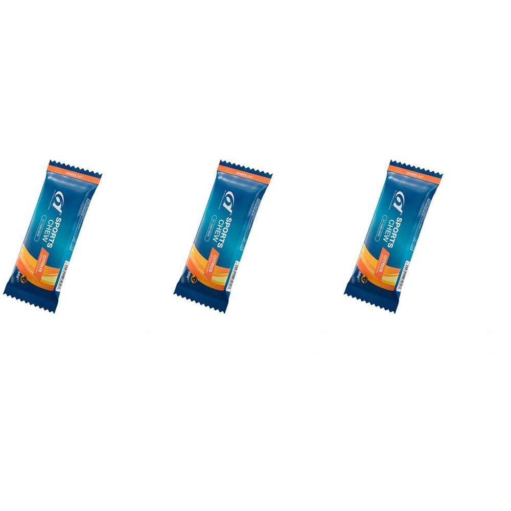 Trois barres 6d Sports Chew Citrus emballées individuellement, design bleu et orange.