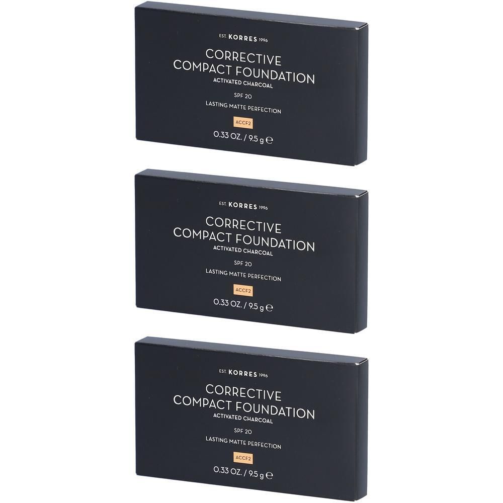 Trois boîtes de fond de teint compact correcteur Korres au charbon actif, FPS 30.