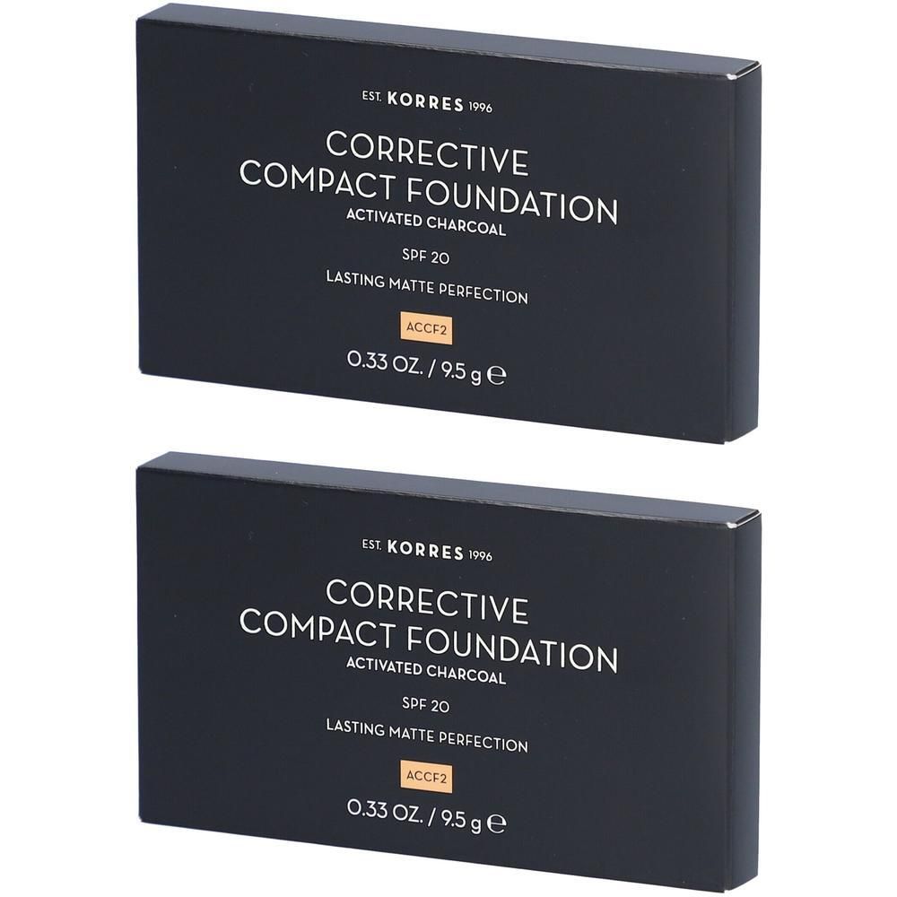 Deux boîtes de fond de teint compact correcteur Korres au charbon actif, FPS 20, teinte 2.