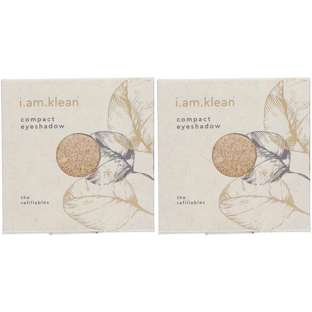 Deux paquets de fard à paupières compact i.am.klean, rechargeables, avec motif de feuilles.