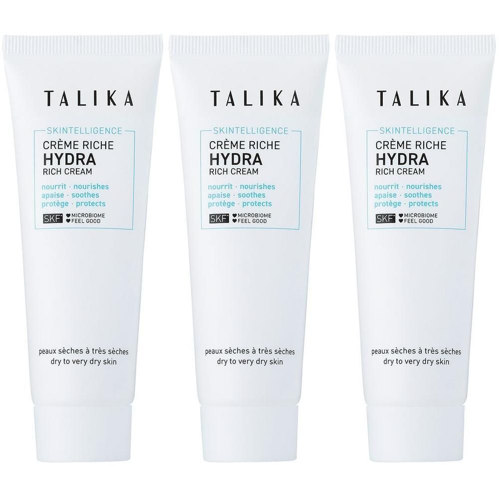 Drie Talika Skintelligence Hydra Rich Cream tubes voor droge huid.