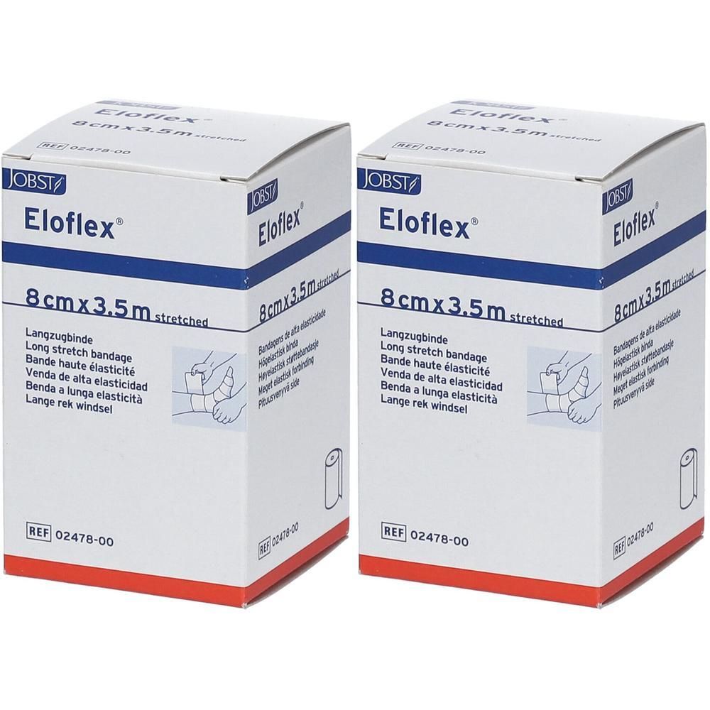 Twee dozen Eloflex lange rek zwachtel, 8cm x 3.5m.