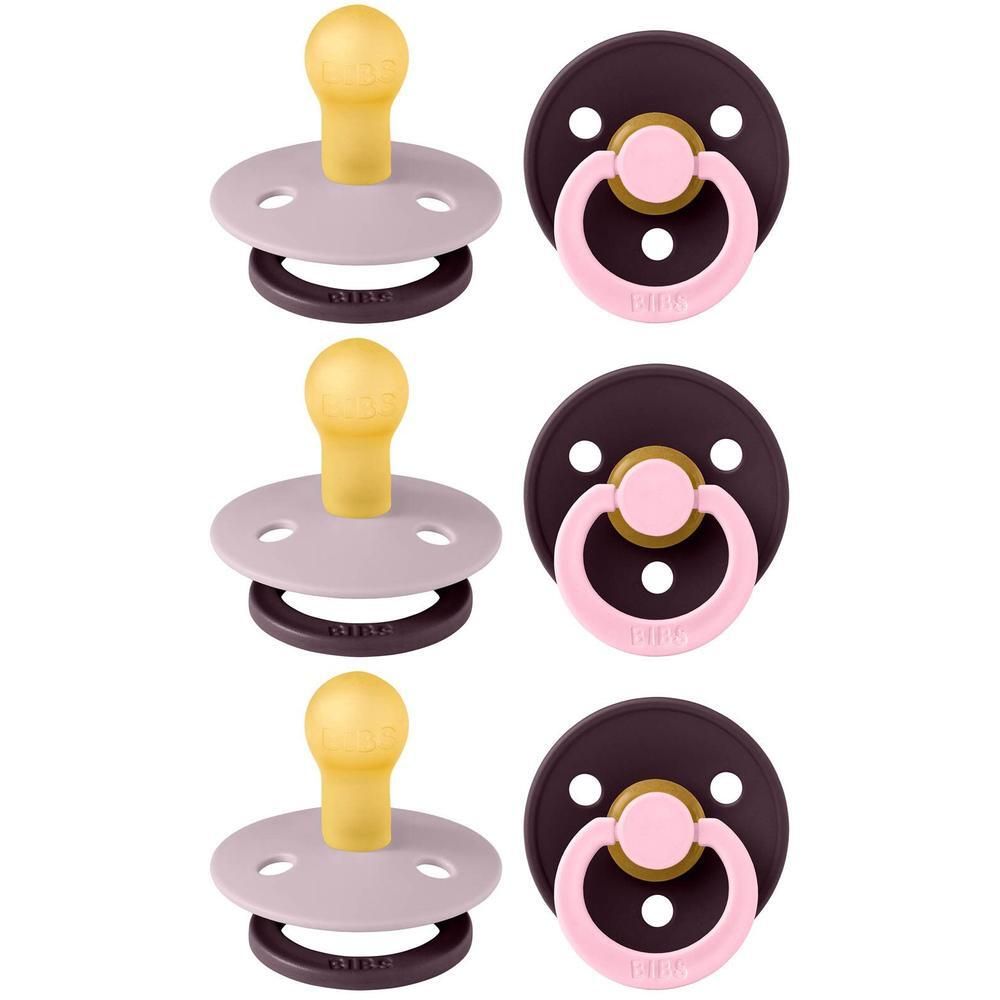 Trois sucettes avec bouclier lilas et tétine jaune, trois sucettes avec bouclier prune et anneau rose.