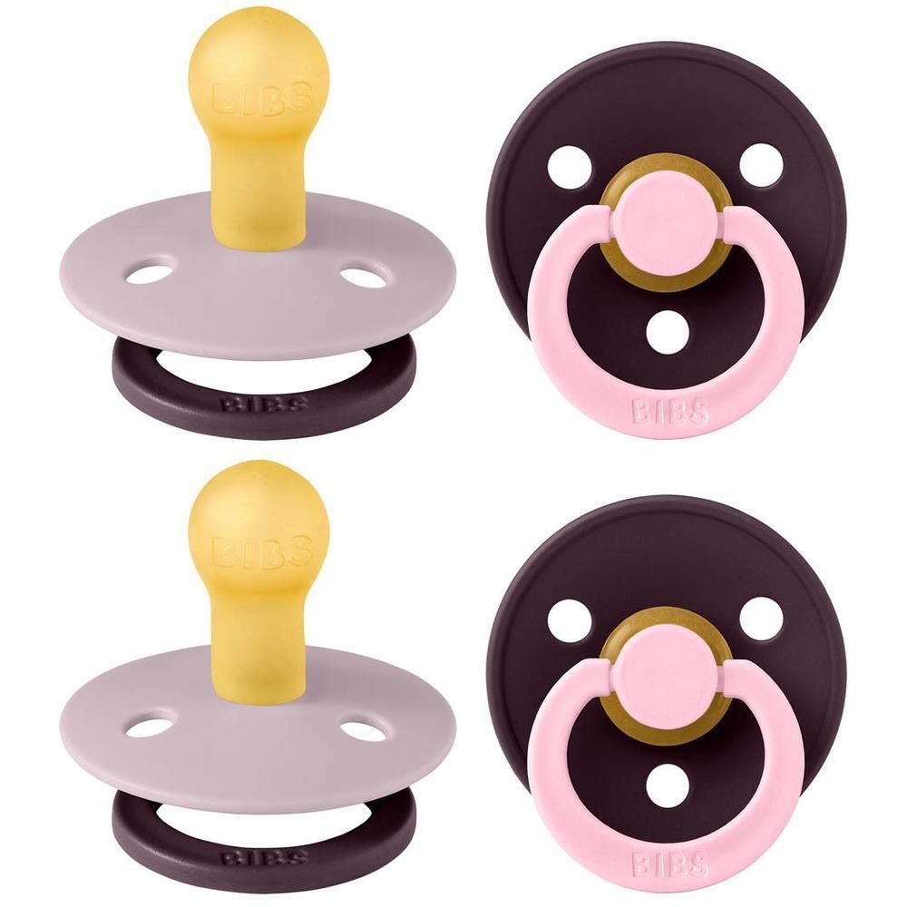 Twee BIBS speentjes, maat 1, in lila en pruim met gele en roze spenen.