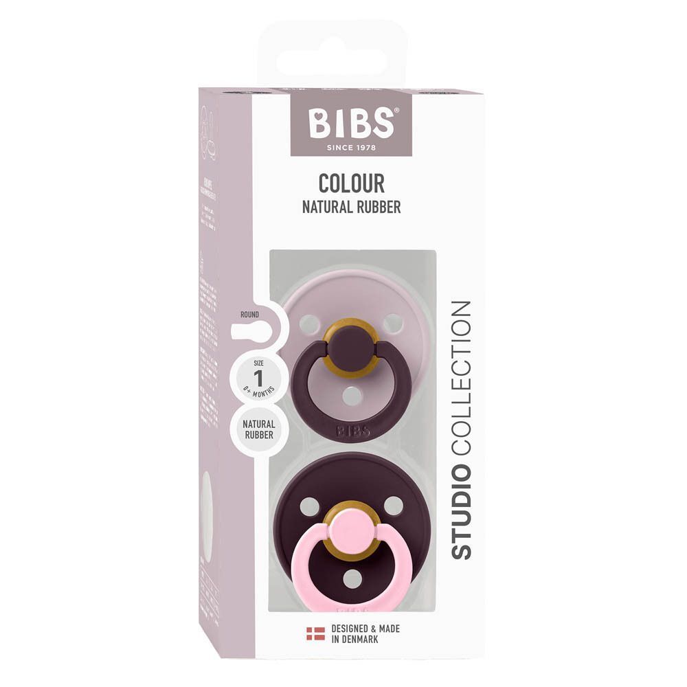 BIBS Studio Collection speentjes verpakking voor twee speentjes, maat 1, lila/pruim.