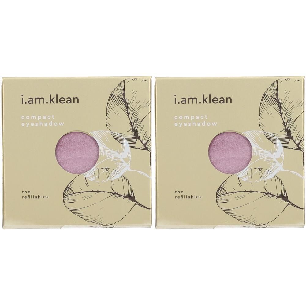 Twee i.am.klean compact oogschaduw refills in zacht lila op beige verpakking met bladerenprint.