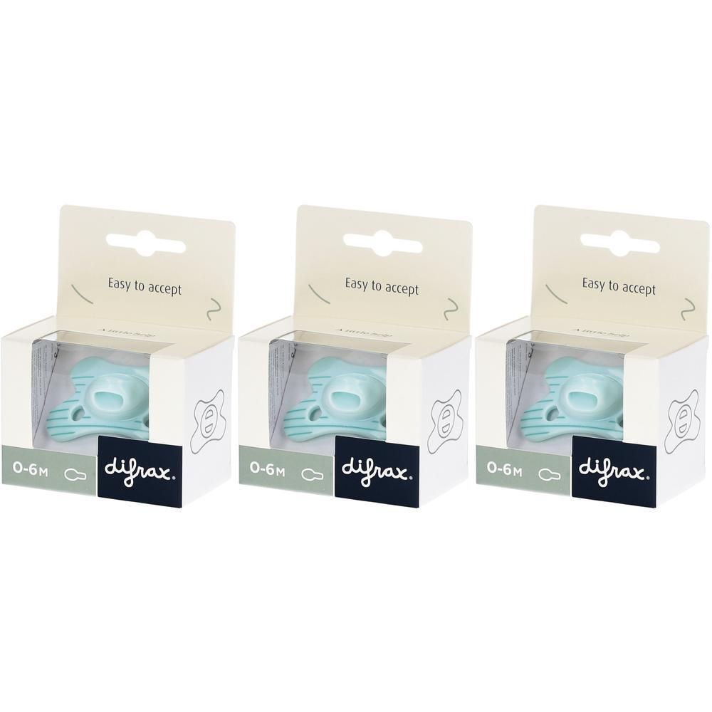 Trois sucettes Difrax 0-6M menthe, emballées individuellement.