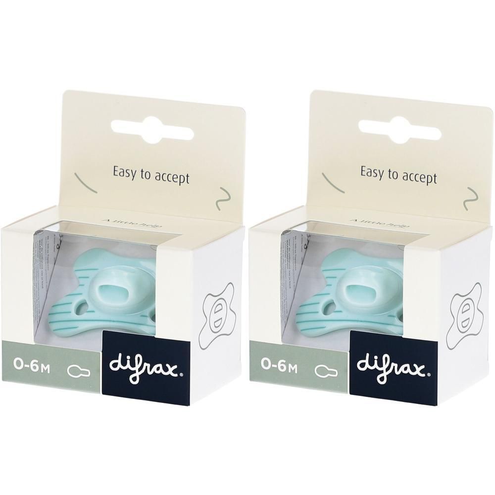 Deux sucettes Difrax menthe pour nouveau-nés (0-6M) dans leur emballage.