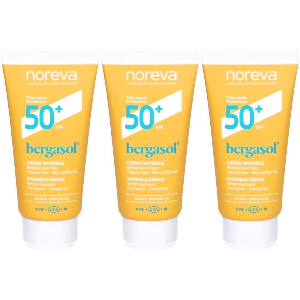 Drie Noreva Bergasol zonnebrandcrème SPF50+ tubes. Onzichtbare crème, waterbestendig.