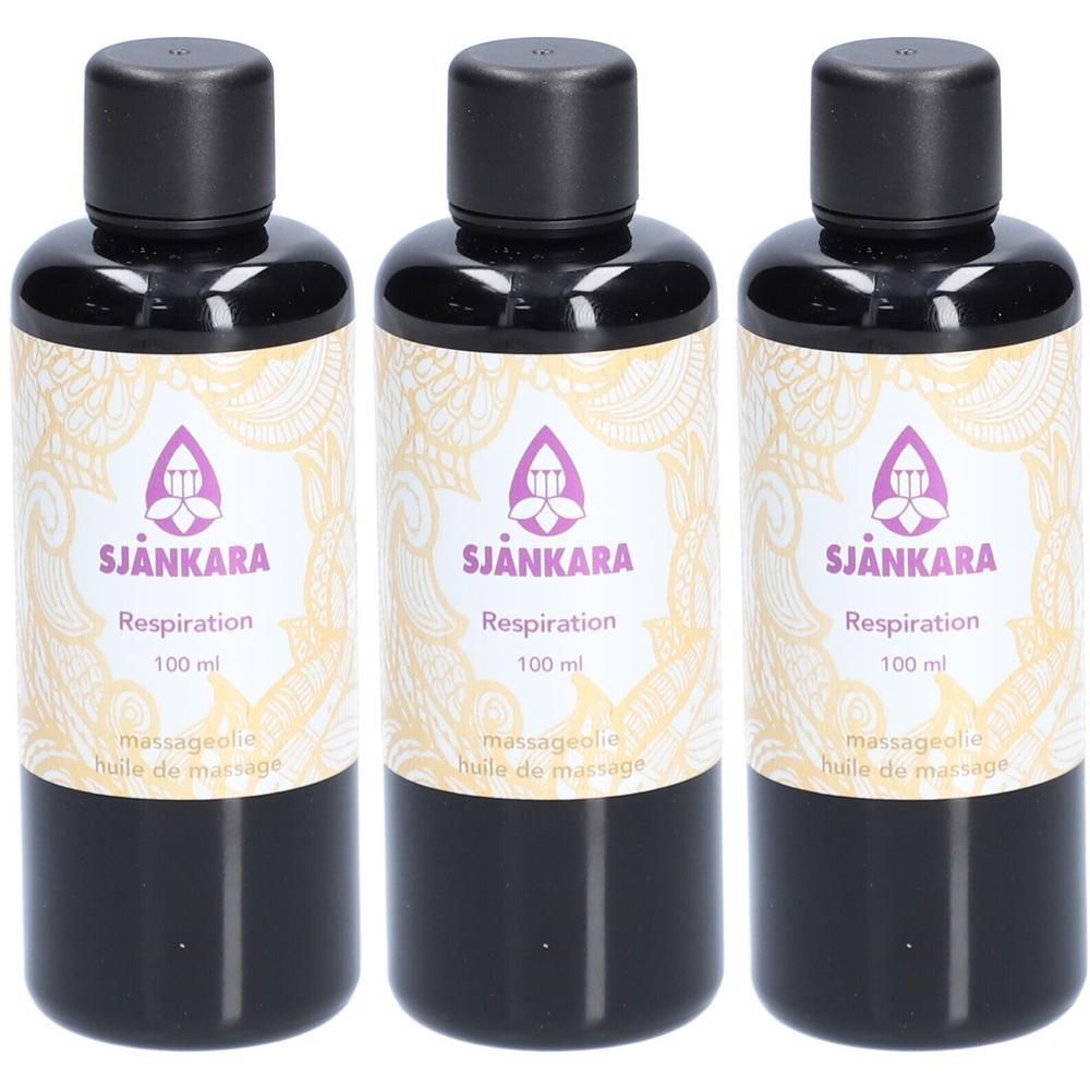 Drie donkere flessen met opschrift "Sjankara Respiration 100 ml" en mandala-patroon.