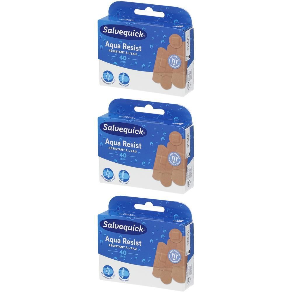 Drie pakken Salvequick Aqua Resist pleisters. Elk pak bevat 40 pleisters.