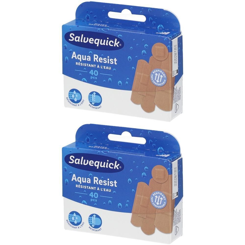 Deux paquets de pansements Salvequick Aqua Resist, 40 pièces par paquet. Résistant à l'eau et respirant.