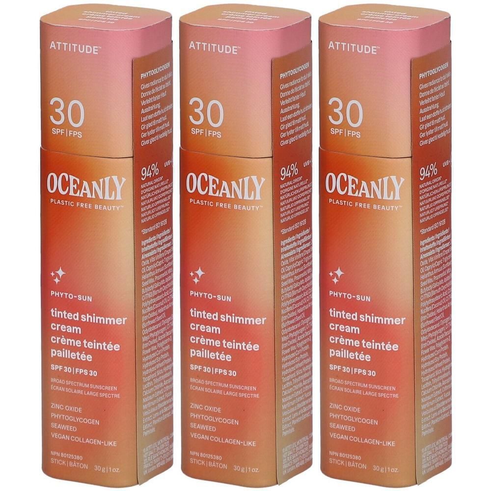 Trois flacons Attitude Oceanly Phyto-Sun crème teintée pailletée SPF 30.